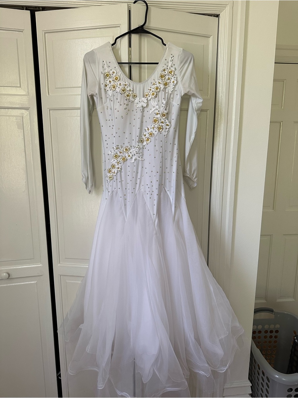 White Ballroom Smooth Dress with Gold Floral Appliqué